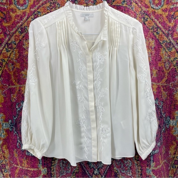 JOIE Teda Floral Embroidered Hidden Button Down Blouse Off White/White Top - Picture 3 of 8